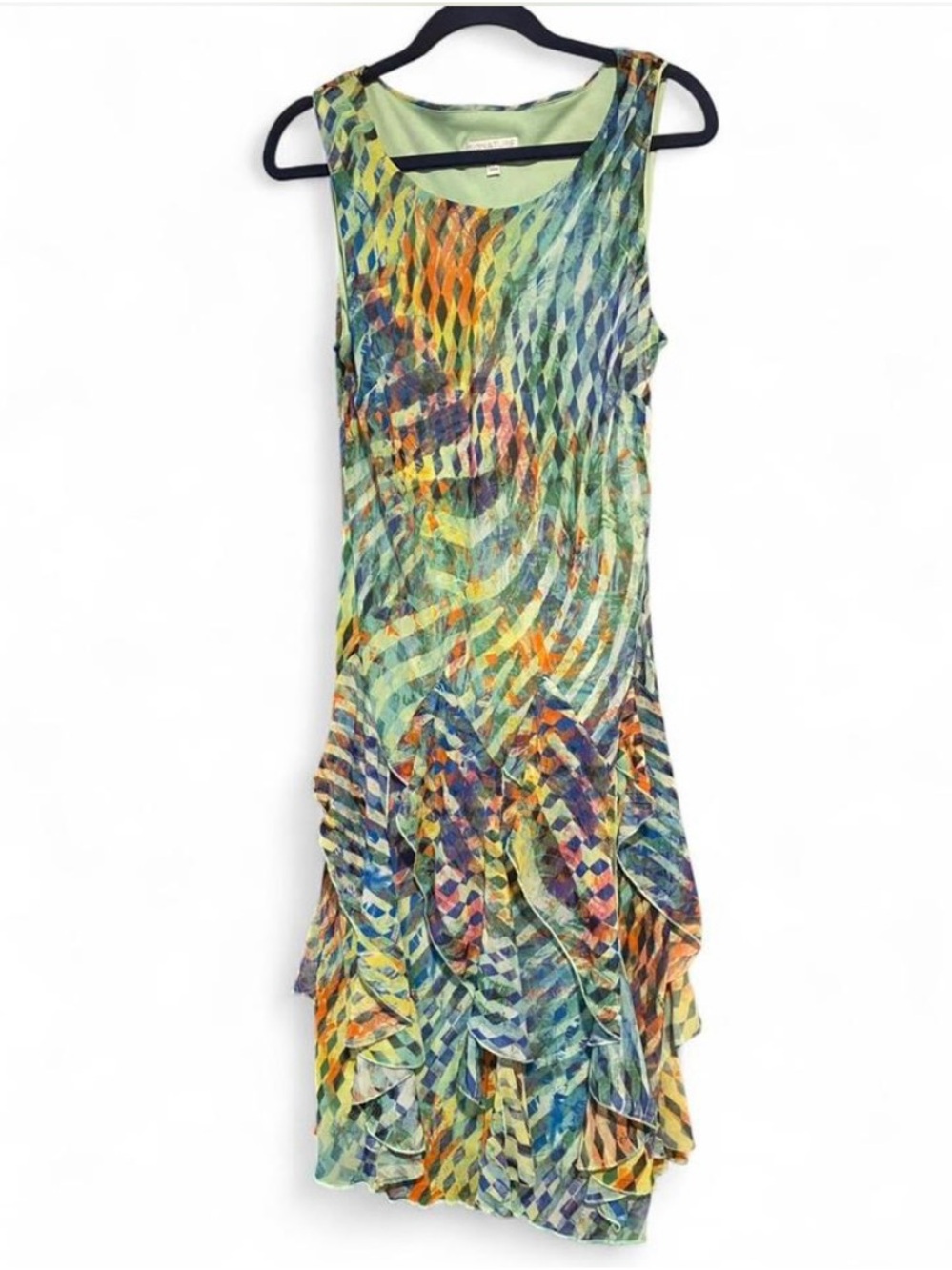Robbie Bee Sleeveless Midi Dress in Green, Blue & Orange Abstract Print
